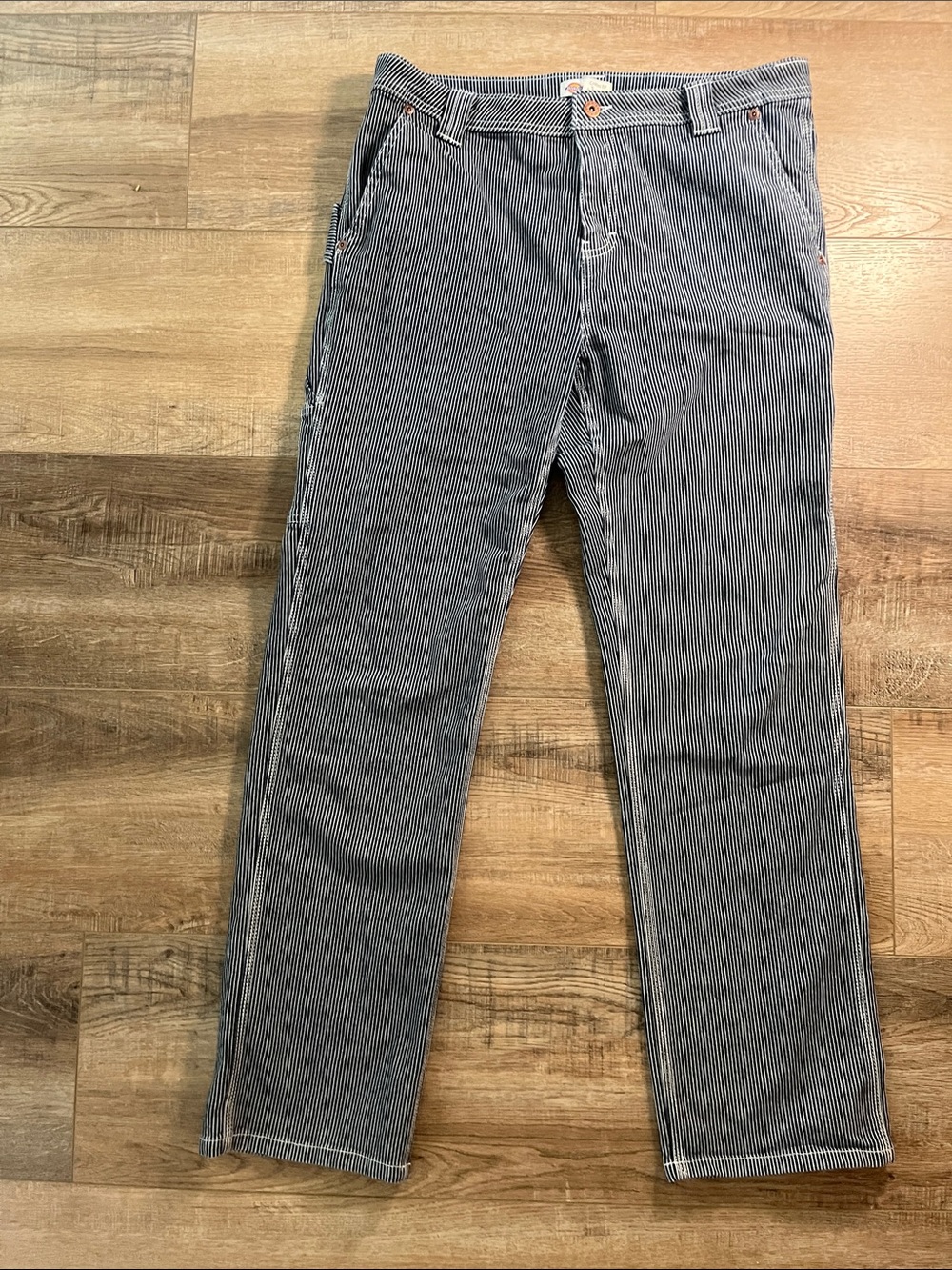 Dickies Women's Blue and White Pinstripe Straight Leg Jeans